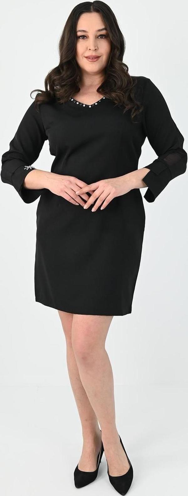 Koza Butik Kadın Büyük Beden Boncuk İşleme Detaylı Elbise 5201-25 Siyah 4XL - Image 1