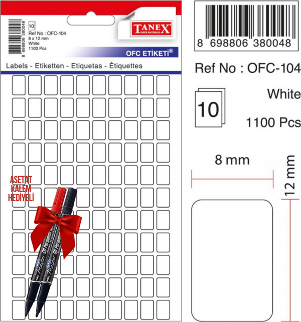 Tanex OFC-104 8x12 Mm Beyaz Ofis Etiketi 10 sayfa 2'li Asetat Kalem Hediyeli - Image 1