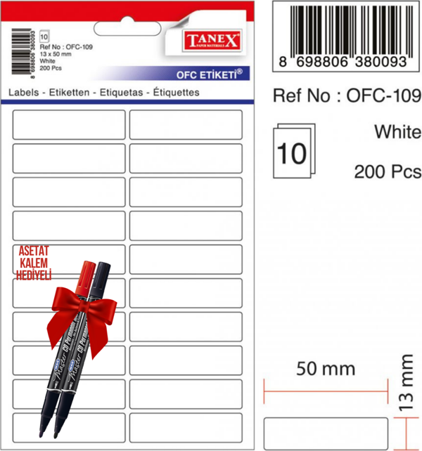 Tanex OFC-109 50x13 Mm Beyaz Ofis Etiketi 10 sayfa 2'li Asetat Kalem Hediyeli - Image 1