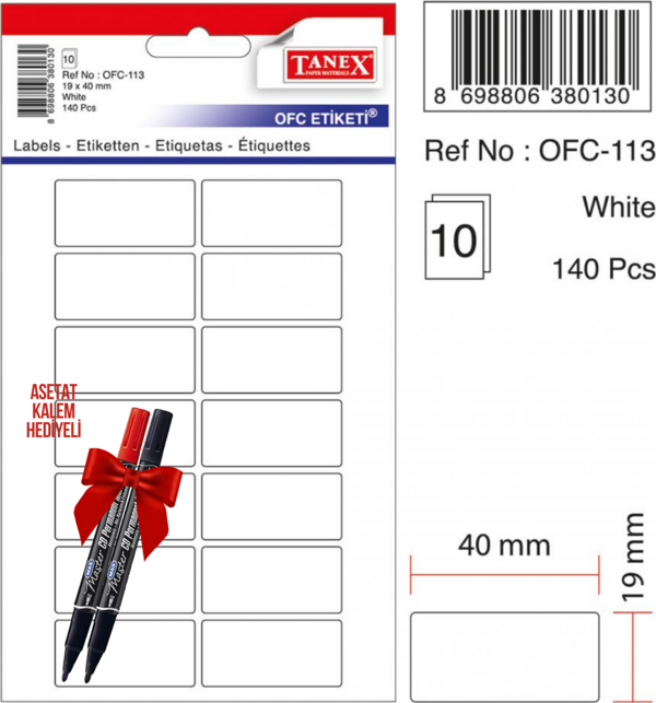 Tanex OFC-113 40x19 Mm Beyaz Ofis Etiketi 10 sayfa 2'li Asetat Kalem Hediyeli - Image 1