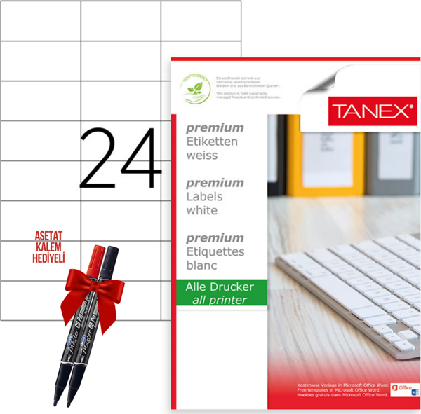 Tanex Tw-2037 70x37 mm Laser Etiket 100 Tabaka 2'li Asetat Kalem Hediyeli - Image 1