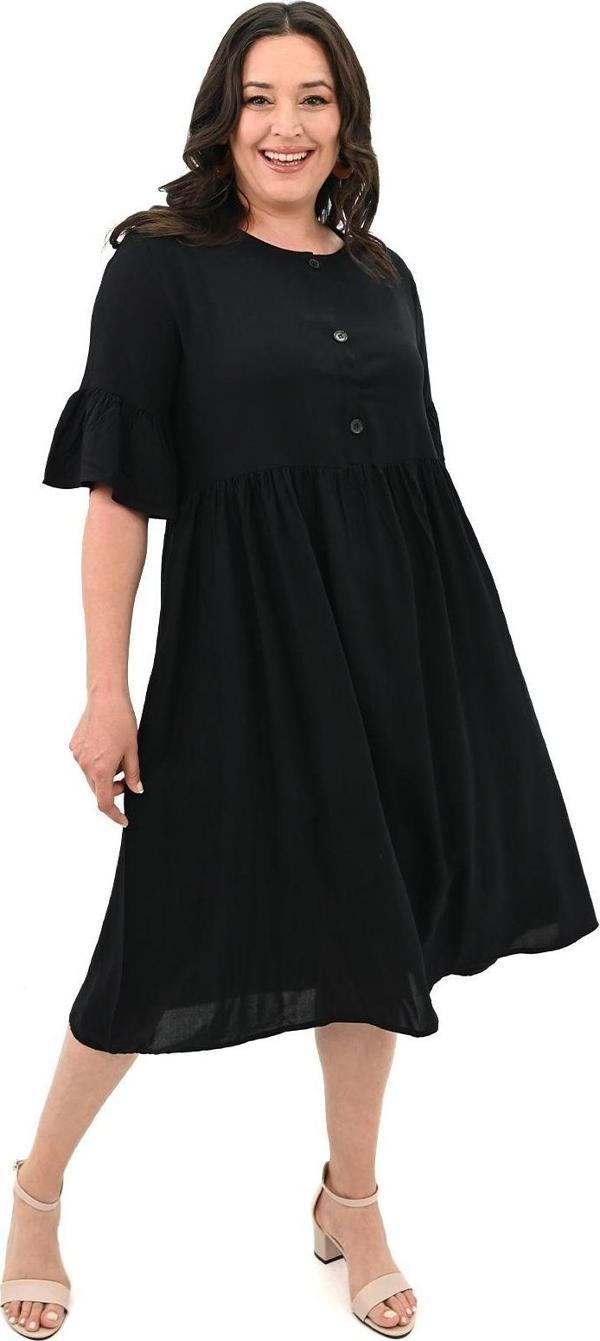 Koza Butik Kadın Büyük Beden Düğme Detaylı Elbise 5241-25 Siyah 4XL - Image 1