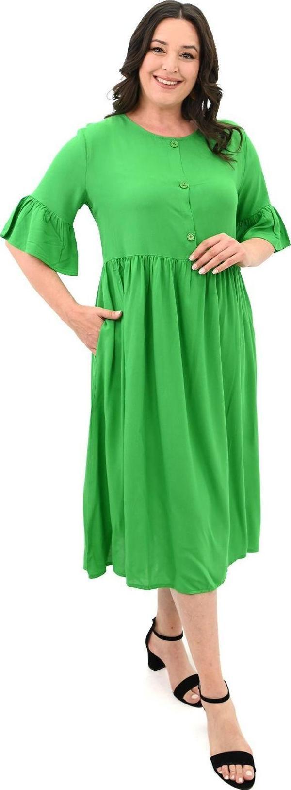 Koza Butik Kadın Büyük Beden Düğme Detaylı Elbise 5241-25 Benetton Yeşil 4XL - Image 1