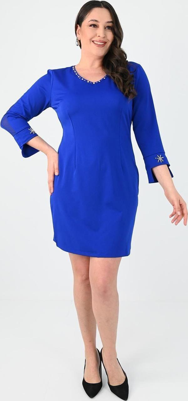 Koza Butik Kadın Büyük Beden Boncuk İşleme Detaylı Elbise 5201-25 Saks Mavi L - Image 1