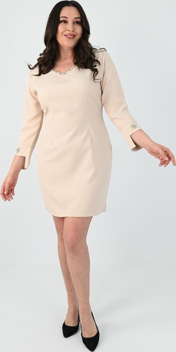 Koza Butik Kadın Büyük Beden Boncuk İşleme Detaylı Elbise 5201-25 Bej L - Image 1