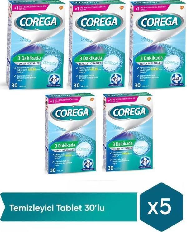 Corega Diş Protezi Beyazlatıcı Temizleyici 30 Tablet 5'li Paket - Image 1