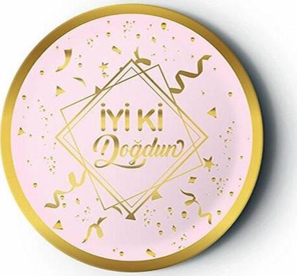 Lüks Doğum Günü Karton Tabak İyiki Doğdun Karton Tabak Pembe-Altın 8 Adet - Image 1