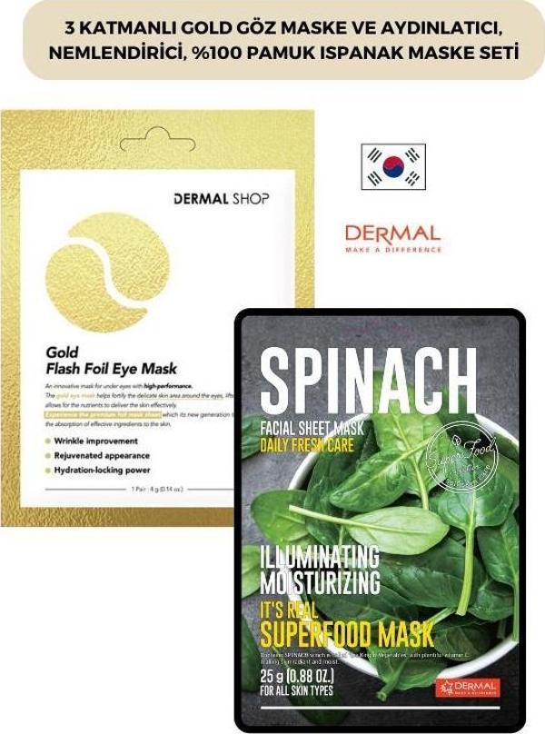 Dermal 3 Katmanlı Gold Göz Maske ve Aydınlatıcı, Nemlendirici, %100 Pamuk Ispanak Maske Seti - Image 1