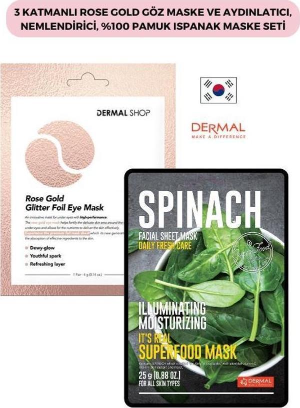 Dermal 3 Katmanlı Rose Gold Göz Maske Ve Aydınlatıcı, Nemlendirici, %100 Pamuk Ispanak Maske Seti - Image 1