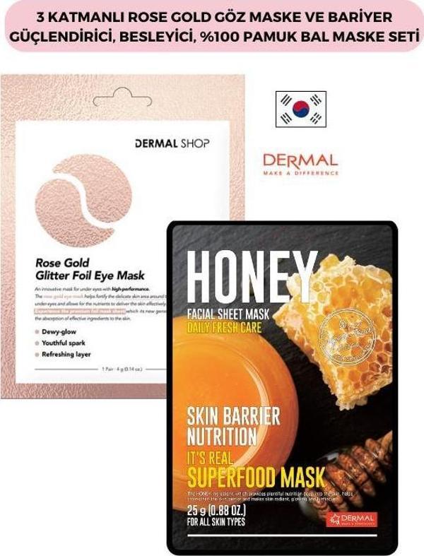 Dermal 3 Katmanlı Rose Gold Göz Maske ve Bariyer Güçlendirici, Besleyici, %100 Pamuk Bal Maske Seti - Image 1