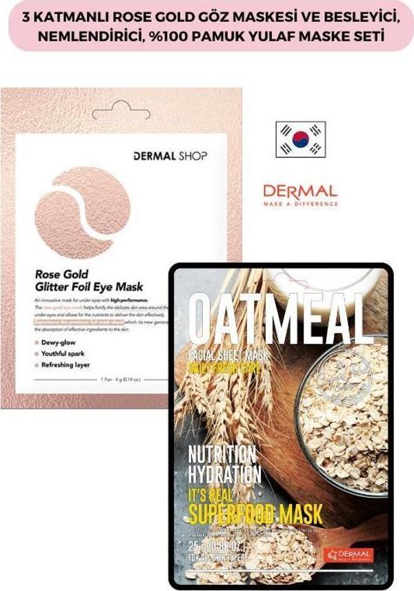 Dermal 3 Katmanlı Rose Gold Göz Maskesi ve Besleyici, Nemlendirici, %100 Pamuk Yulaf Maske Seti - Image 1