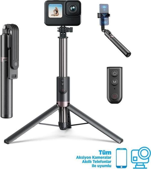 GoPro Aksiyon Kameraları İçin VLOG Bluetooth Kumandalı 1.3Metre Selfie Çubuğu+Tripod (Hero12 Black Hero11/Hero10/Hero9)  - Image 1