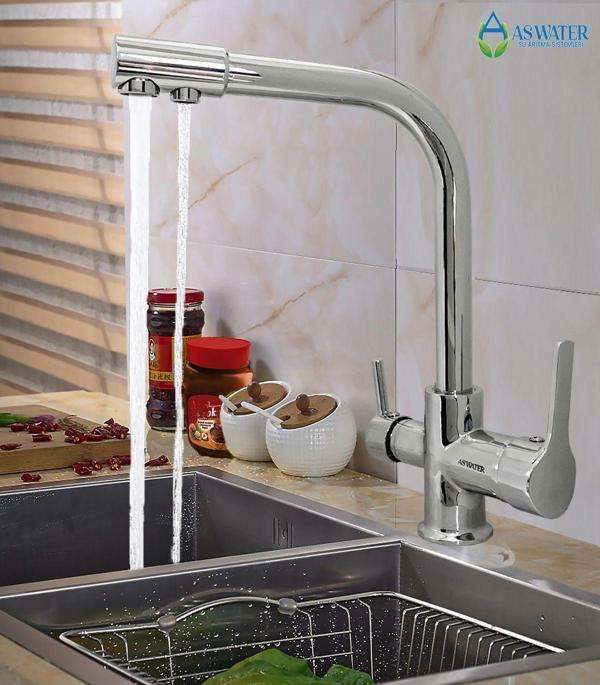 As Water Arıtma Bataryası 3 Yollu Arıtma Musluğu Su Arıtma Bataryası Sıcak - Soğuk Mix Krom - Image 1