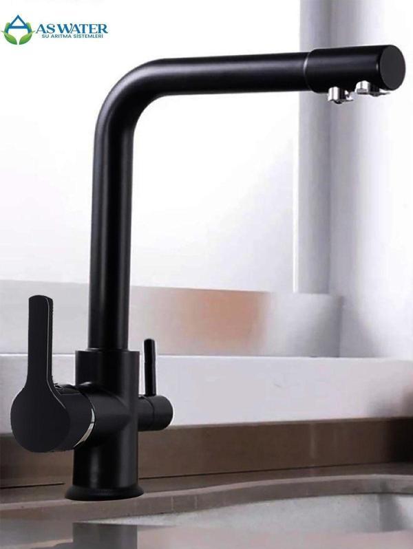 As Water Siyah Batarya Musluk Arıtmalı 3 Yollu Mutfak Evye Musluğu - Image 1