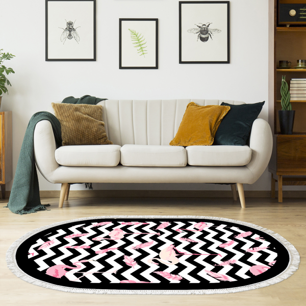 Alanur Yıldız Kaymaz Deri Tabanlı Saçaklı Dijital Halı Oval Pembe - Image 1