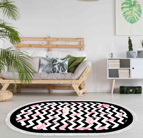 Alanur Trend Kaymaz Dod Tabanlı Saçaklı Dijital Halı Oval Pembe - Image 1