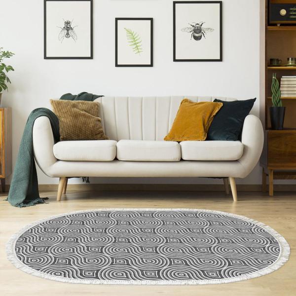 Alanur Yıldız Kaymaz Deri Tabanlı Saçaklı Dijital Halı Oval Gri - Image 1