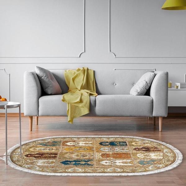Alanur Trend Kaymaz Dod Tabanlı Saçaklı Dijital Halı Oval Multi - Image 1