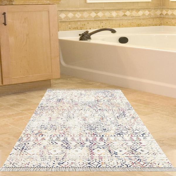 Dekoreko Kaymaz Taban Djt Banyo Halısı Star Pamuk Saçaklı İskandinav F5139 Bej - Image 1