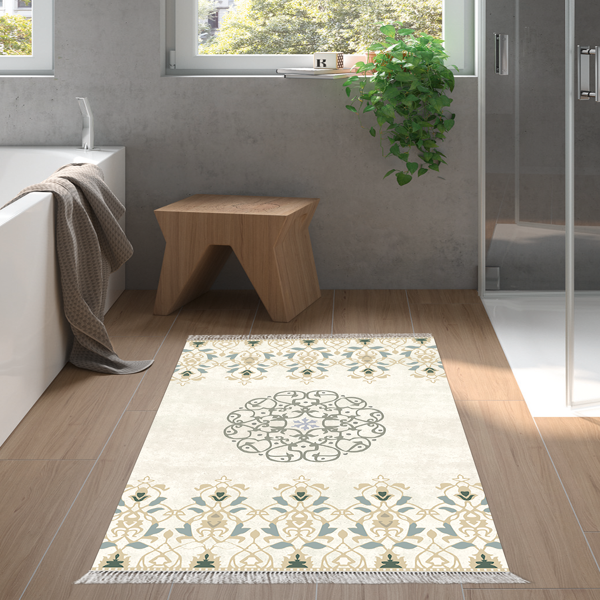 Dekoreko Kaymaz Taban Djt Banyo Halısı Star Pamuk Saçaklı Modern 1491 Bej - Image 1