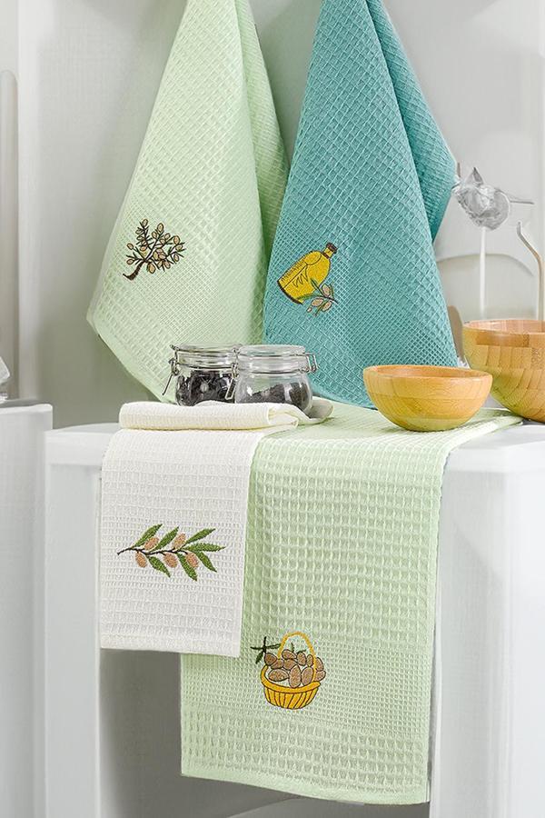 6'lı Nakışlı Kurulama Peçetesi Seti  30x50 cm Zeytin  %100 Pamuk Yumuşak ve Emici - Image 1