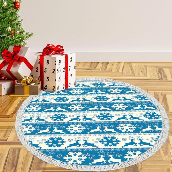 Alanur Home Yılbaşına Özel Pamuk Dijital Yıkanabilir Yuvarlak Halı Chr5M Mavi - Image 1