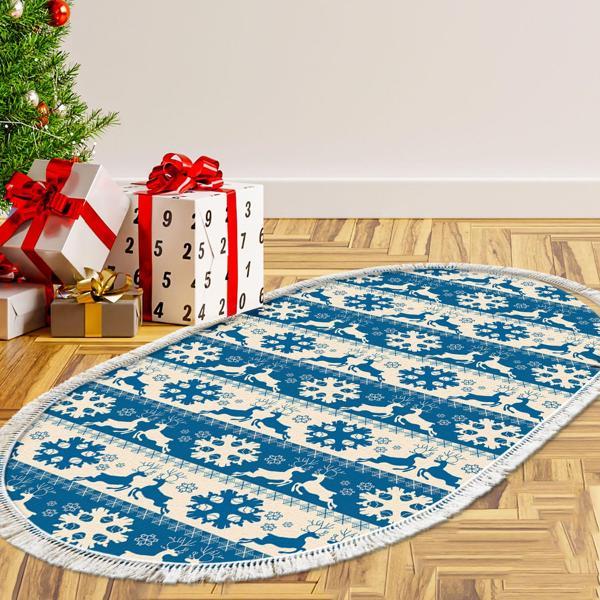 Alanur Home Yılbaşına Özel Pamuk Dijital Yıkanabilir Oval Halı Chr5M Mavi - Image 1