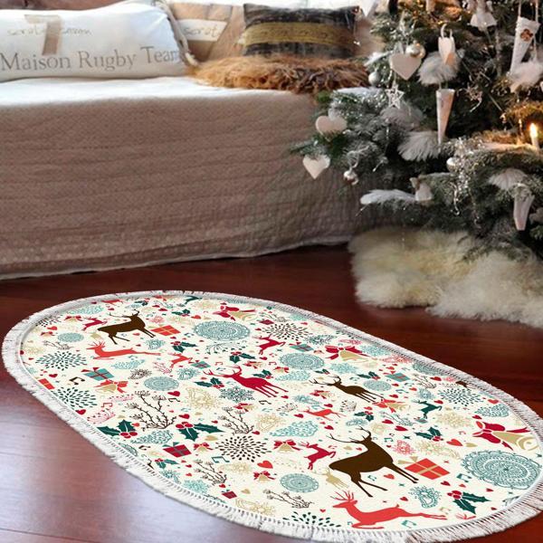 Alanur Home Yılbaşına Özel Keçe Dijital Yıkanabilir Oval Halı Chr13M Renkli - Image 1