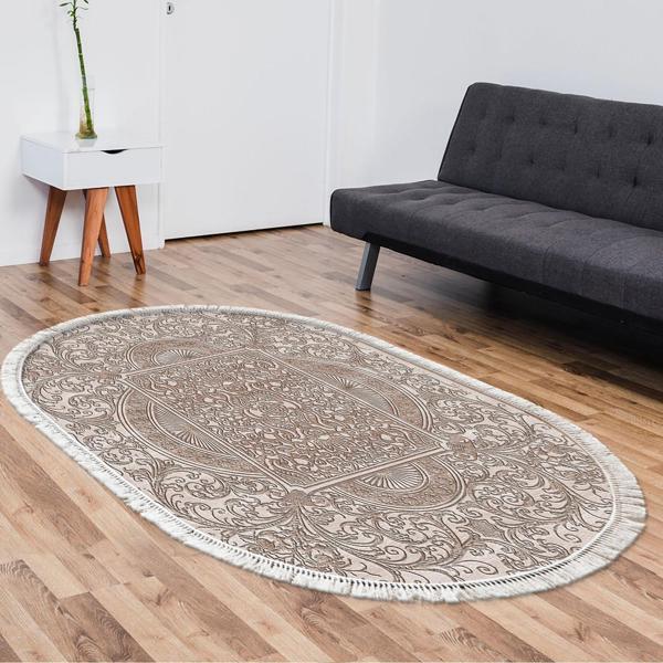 Dekoreko Kaymaz Taban Djt Salon Halısı Yıldız Deri Saçaklı Oval Modern 1488 Kahve - Image 1