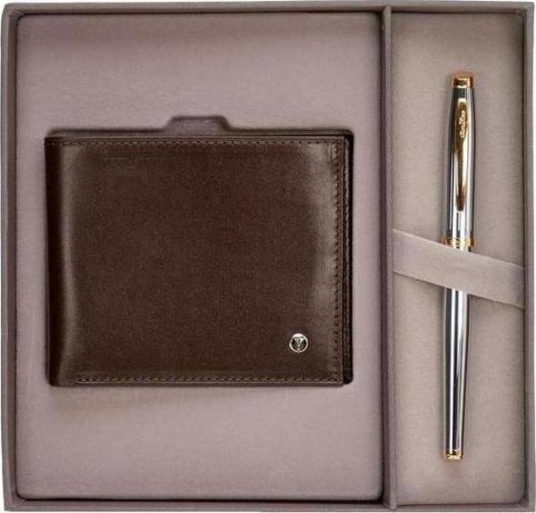 Scrikss DR229 Kahve Klasik Cüzdan & 39 Gold Krom Roller Kalem Seti - Image 1
