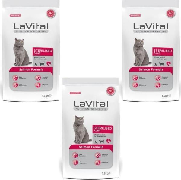 Lavital Somon Balıklı Kısırlaştırılmış Kuru Kedi Maması 1.5 Kg*3 Adet - Image 1