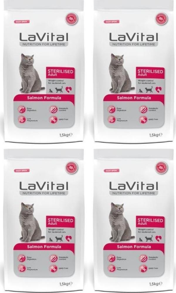 Lavital Somon Balıklı Kısırlaştırılmış Kuru Kedi Maması 1.5 Kg*4 Adet - Image 1