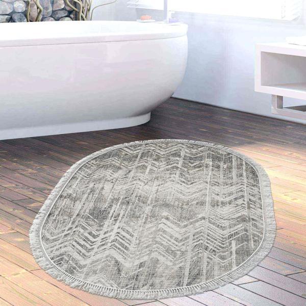 Dekoreko Kaymaz Taban Djt Banyo Halısı Trend Saçaklı Oval İskandinav F5083 Gri - Image 1