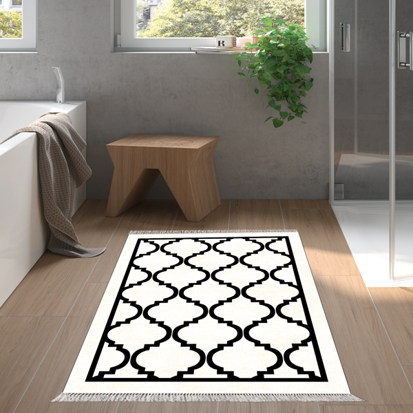 Dekoreko Kaymaz Taban Djt Banyo Halısı Trend Saçaklı Modern 688M Bej - Image 1