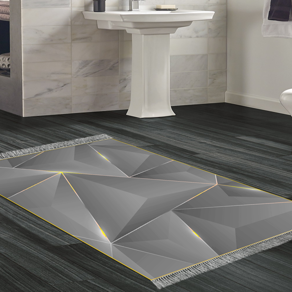 Dekoreko Kaymaz Taban Djt Banyo Halısı Yıldız Deri Saçaklı Modern F5005 Gold Siyah - Image 1