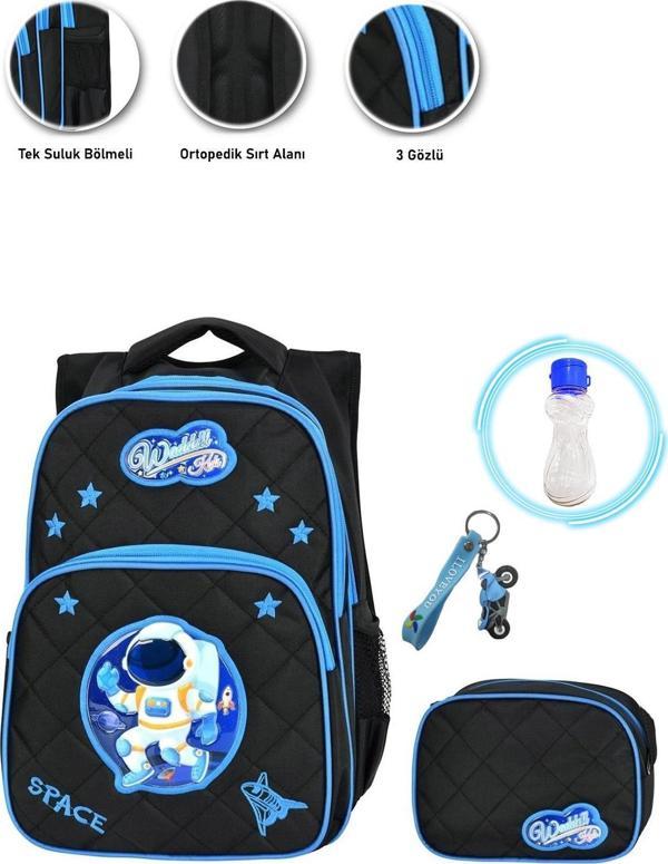 Yıldızlı Astronot Okul Çantası + Beslenme + Suluk + Anahtarlık - Uzay Çanta Erkek İlkokul Çantası - Image 1