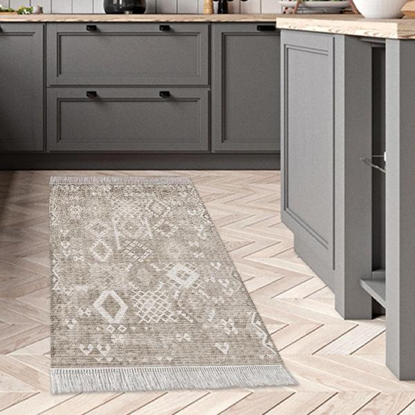 Dekoreko Kaymaz Taban Djt Mutfak Halısı Star Pamuk Saçaklı İskandinav F5137 Kahve - Image 1