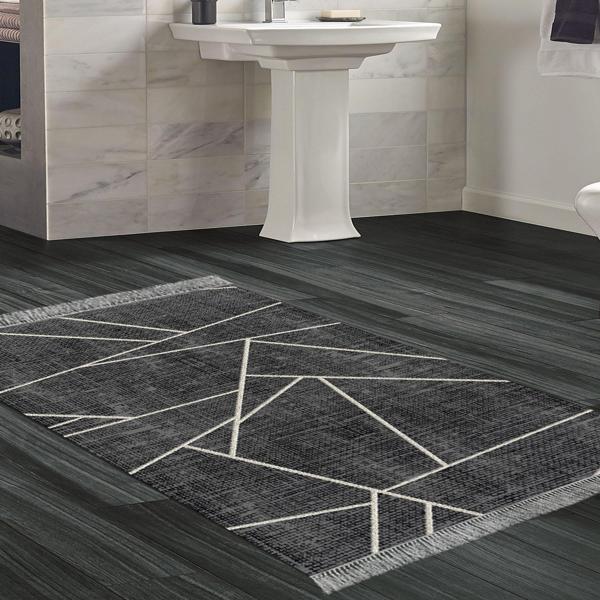 Dekoreko Kaymaz Taban Djt Banyo Halısı Yıldız Deri Saçaklı Modern 717 Siyah - Image 1