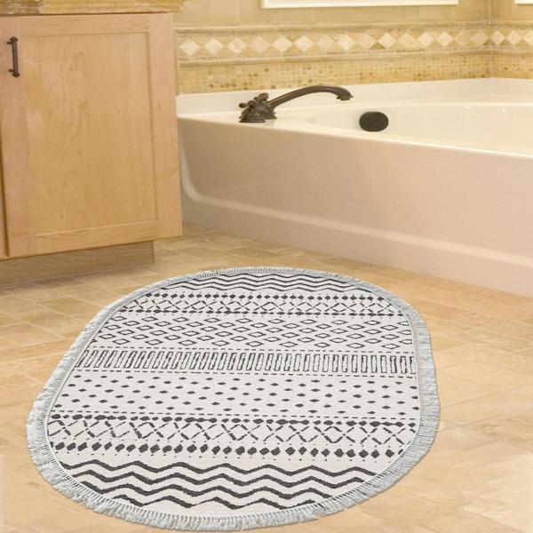 Dekoreko Kaymaz Taban Djt Banyo Halısı Trend Saçaklı Oval İskandinav F5086 Bej - Image 1