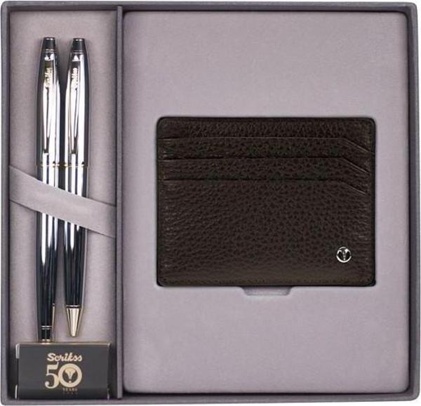 Scrikss DR 216 35 Dolmakalem + Tükenmezkalem Gold Krom +  Deri Comfort Kredi Kartlik Kahve - Image 1