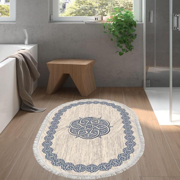 Dekoreko Kaymaz Taban Djt Banyo Halısı Star Pamuk Saçaklı Oval Modern 1319 Mavi - Image 1
