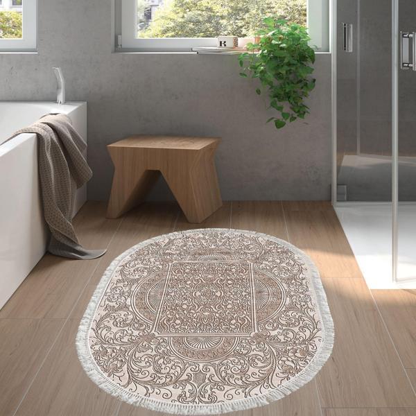 Dekoreko Kaymaz Taban Djt Banyo Halısı Yıldız Deri Saçaklı Oval Modern 1488 Kahve - Image 1