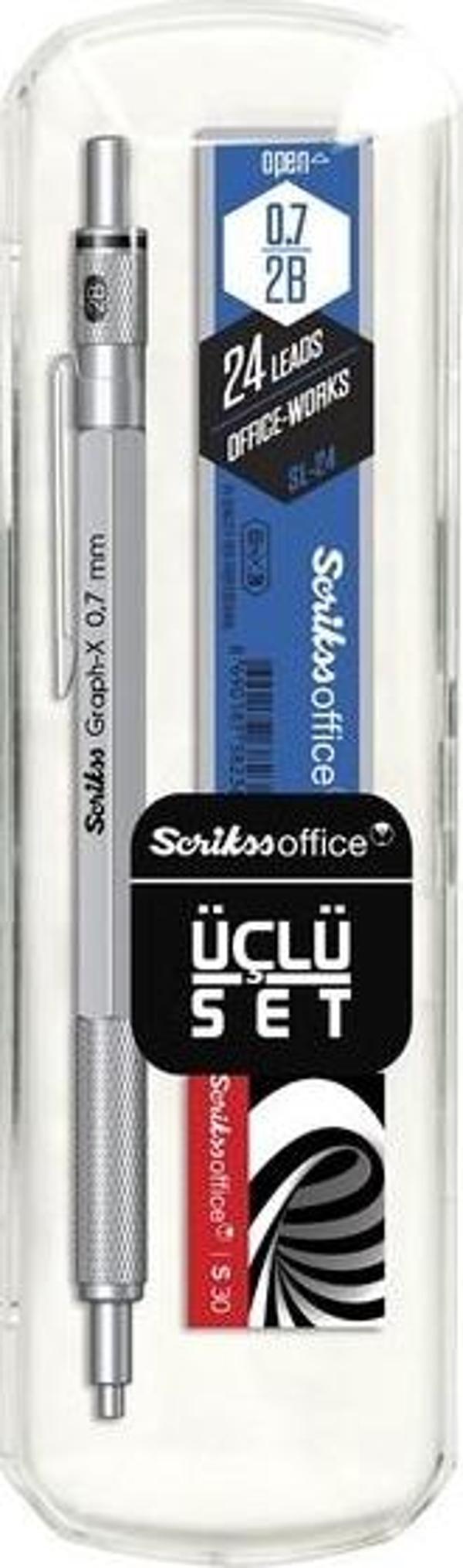 Scrikss Oficce Graph-x 3'lü Set Saten Gri Versatil Kalem 0.7mm + Silgi + Min - Image 1