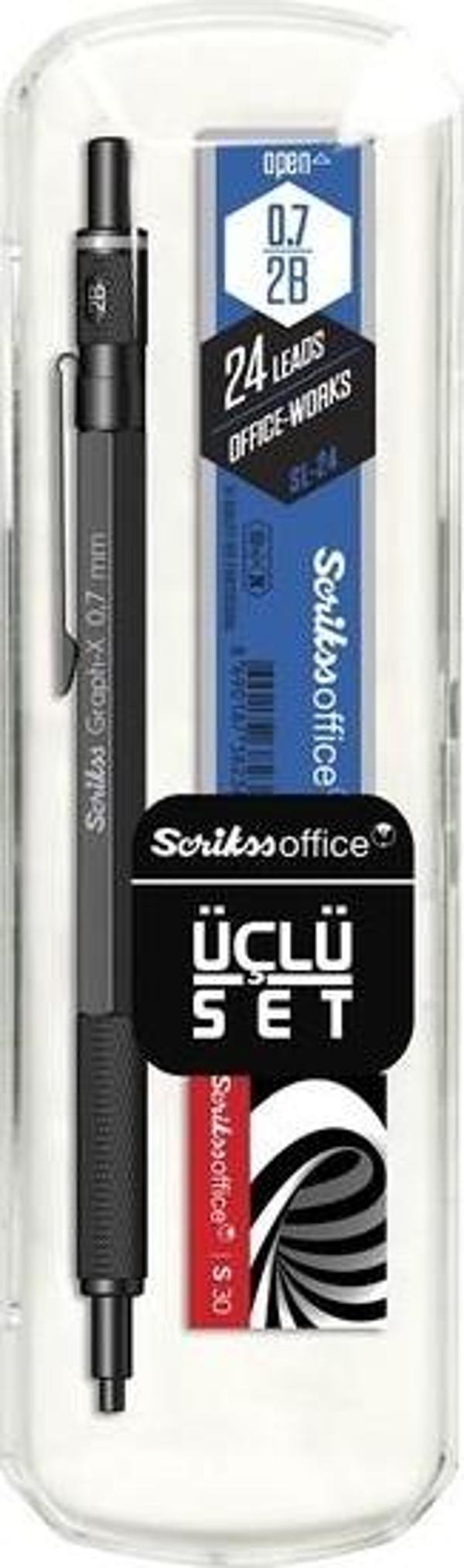 Scrikss Oficce Graph-x 3'lü Set Mat Siyah Versatil Kalem 0.7mm + Silgi + Min - Image 1