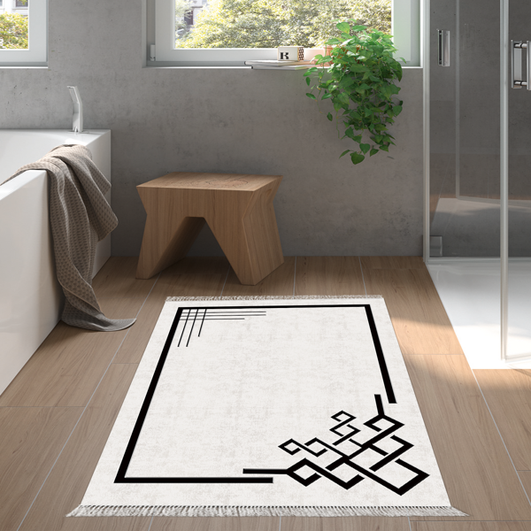 Dekoreko Kaymaz Taban Djt Banyo Halısı Yıldız Deri Saçaklı Modern 1919 Gri Siyah - Image 1