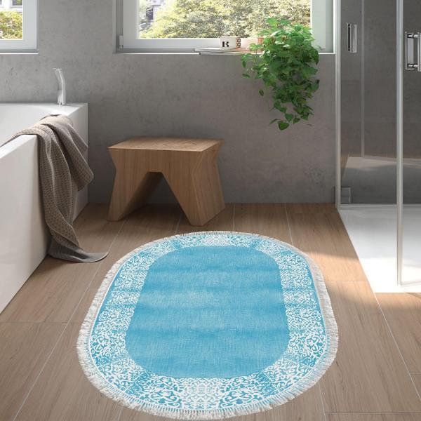 Dekoreko Kaymaz Taban Djt Banyo Halısı Trend Saçaklı Oval Modern 1460 Mavi - Image 1