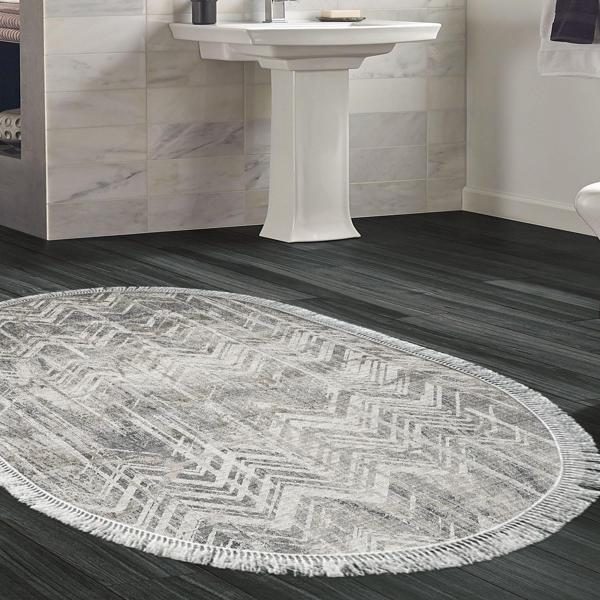 Dekoreko Kaymaz Taban Djt Banyo Halısı Star Pamuk Saçaklı Oval İskandinav F5083 Gri - Image 1