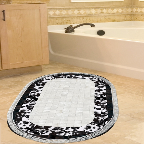 Dekoreko Kaymaz Taban Djt Banyo Halısı Yıldız Deri Saçaklı Oval Modern 1495 Siyah - Image 1