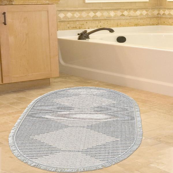 Dekoreko Kaymaz Taban Djt Banyo Halısı Yıldız Deri Saçaklı Oval İskandinav F5085 Lacivert - Image 1