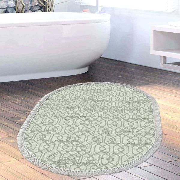 Dekoreko Kaymaz Taban Djt Banyo Halısı Yıldız Deri Saçaklı Oval Modern 757 Yeşil - Image 1